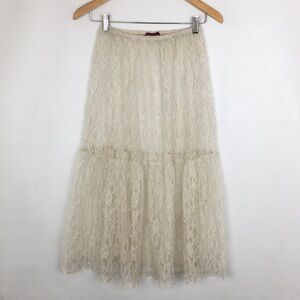 Coastal Cowgirl Boho Maxi Skirt Ivory Cream Floral Lace Tiered Feminine Sheer